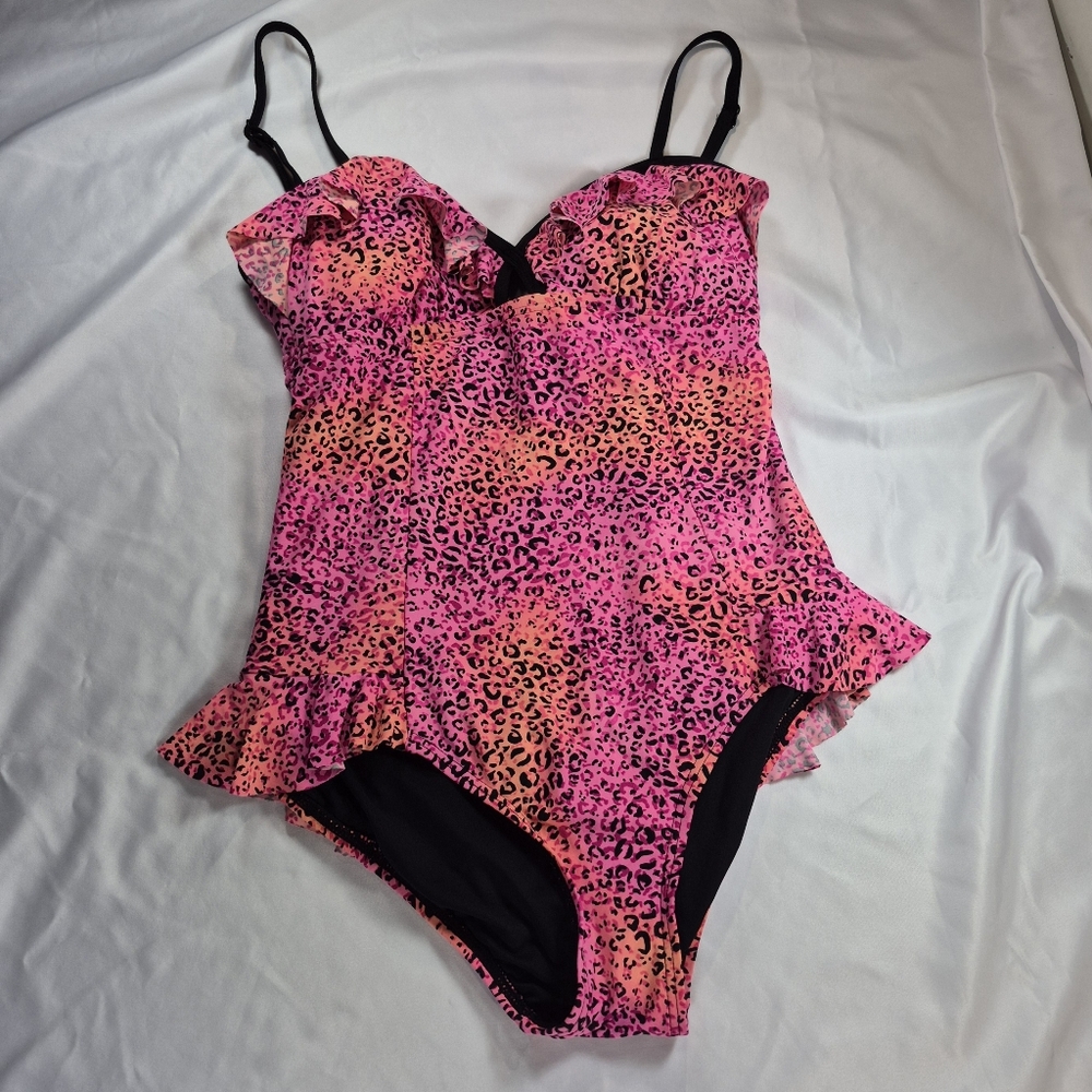 Coco Rave Neon Pink & Orange Leopard Ruffle One Piece Swimsuit XS/S - Picture 5 of 10